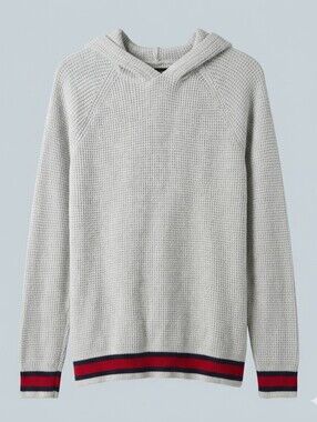 Express Men's Light Gray V-Neck Waffle Hoodie with Red & Navy Stripe Sz Large